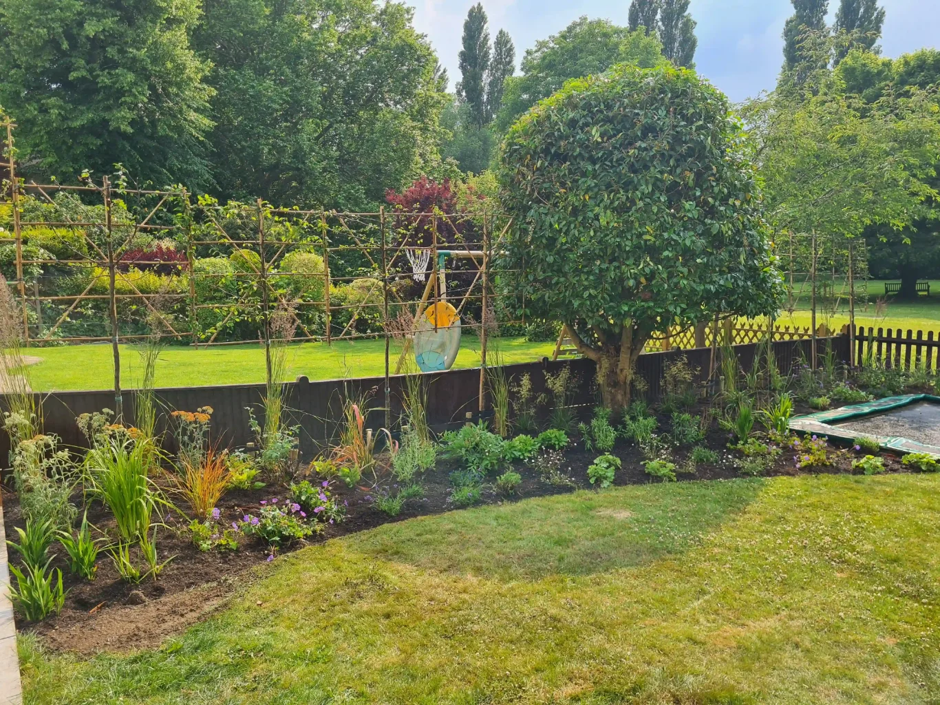 A freshly paved patio and landscaped garden